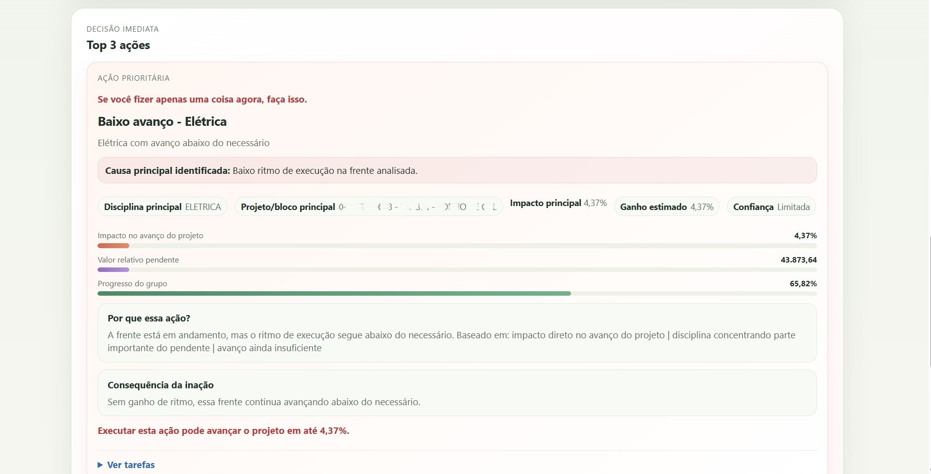 Tela do Project Insights destacando as tres principais decisões